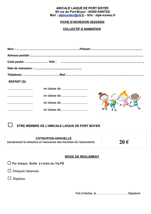 Bulletin d'inscription au Collectif d'Animation de l'Amicale Laïque de Port-Boyer